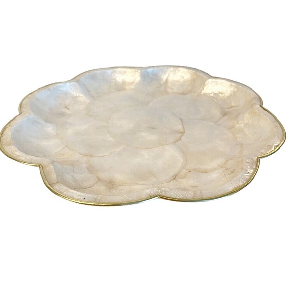 Scalloped Capiz Shell Platter With Brass Edge - Picture 1 of 7